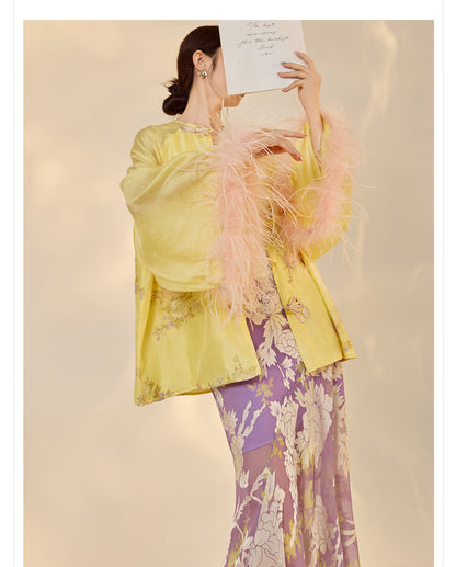 New Chinese Embroidered Feather Sleeve Patchwork Top & Skirt Set