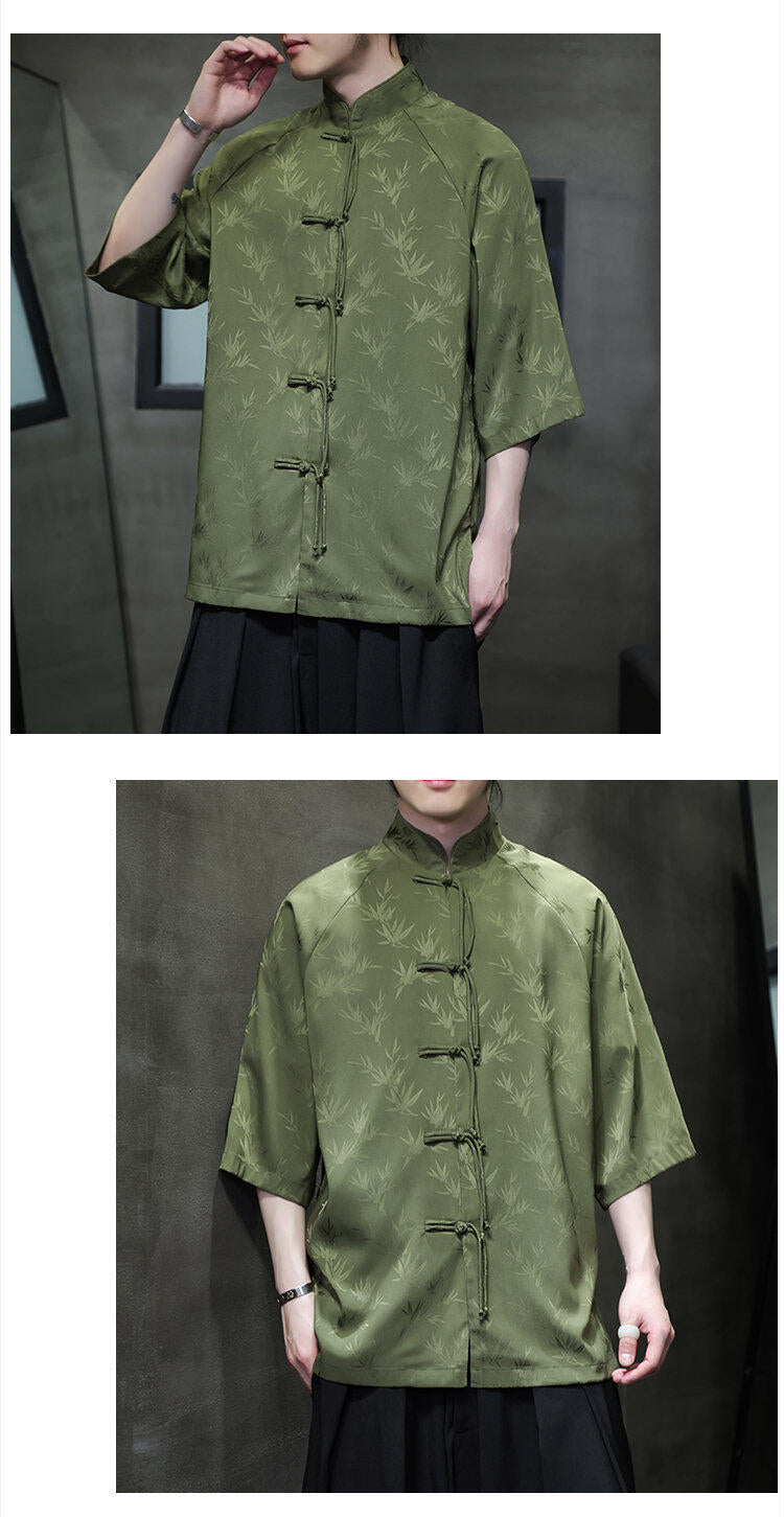 Summer Chinese Style Ice Silk Jacquard Tang Shirt Mens Stand Collar Top