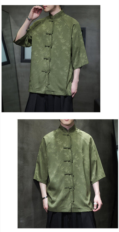 Summer Chinese Style Ice Silk Jacquard Tang Shirt Mens Stand Collar Top