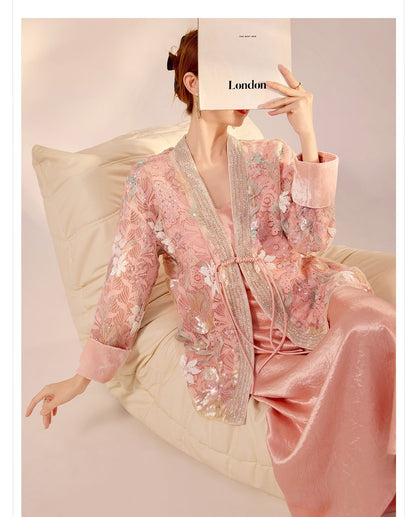 Spring New Chinese Style Velvet Sequin Embroidered Mesh Blouse