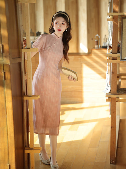 Elegant Pink Cheongsam – New Chinese Style High-End Dress