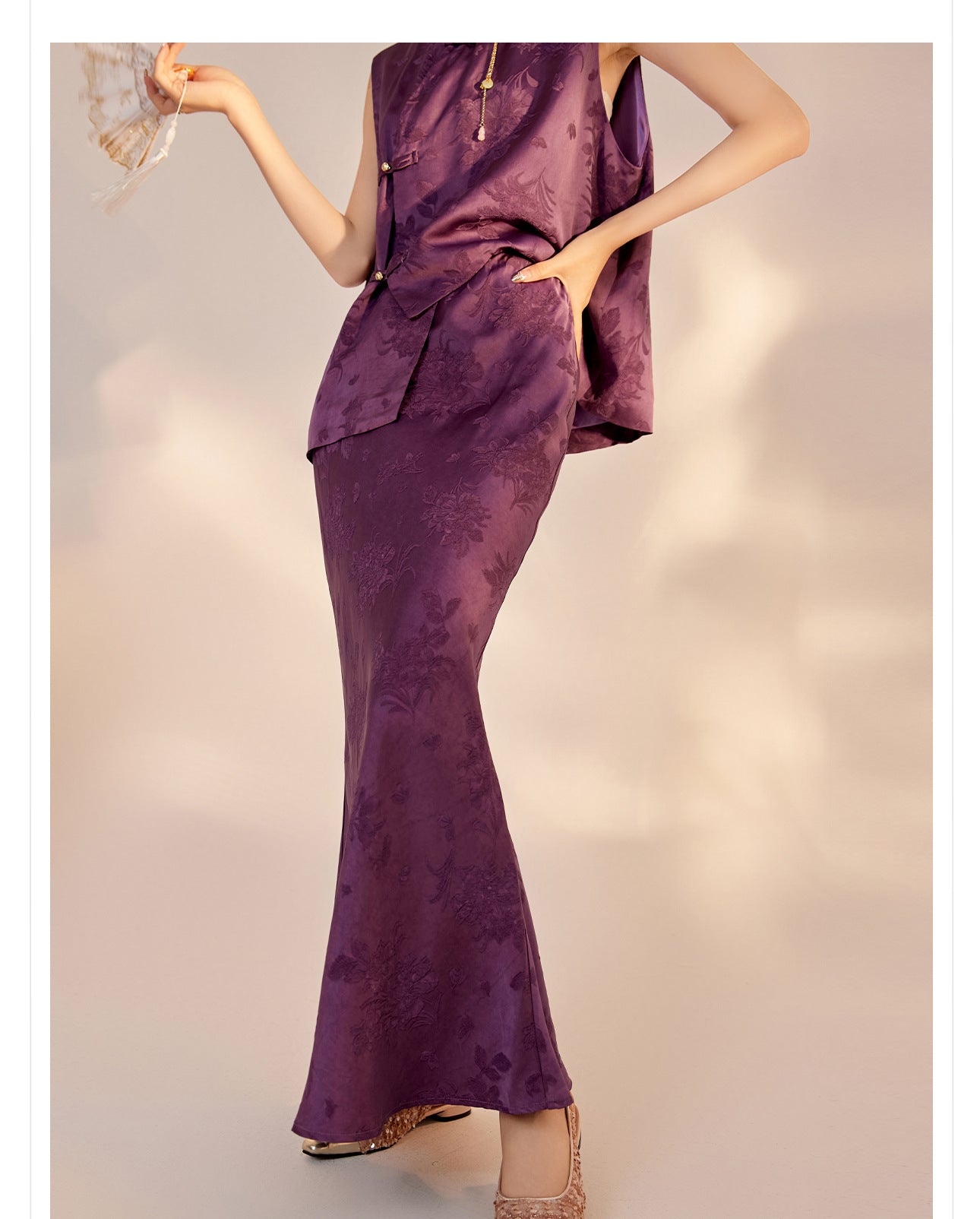 2026New Chinese Style Super Beautiful Purple Printed Rayon Vest and Skirt Early Autumn Set for Women