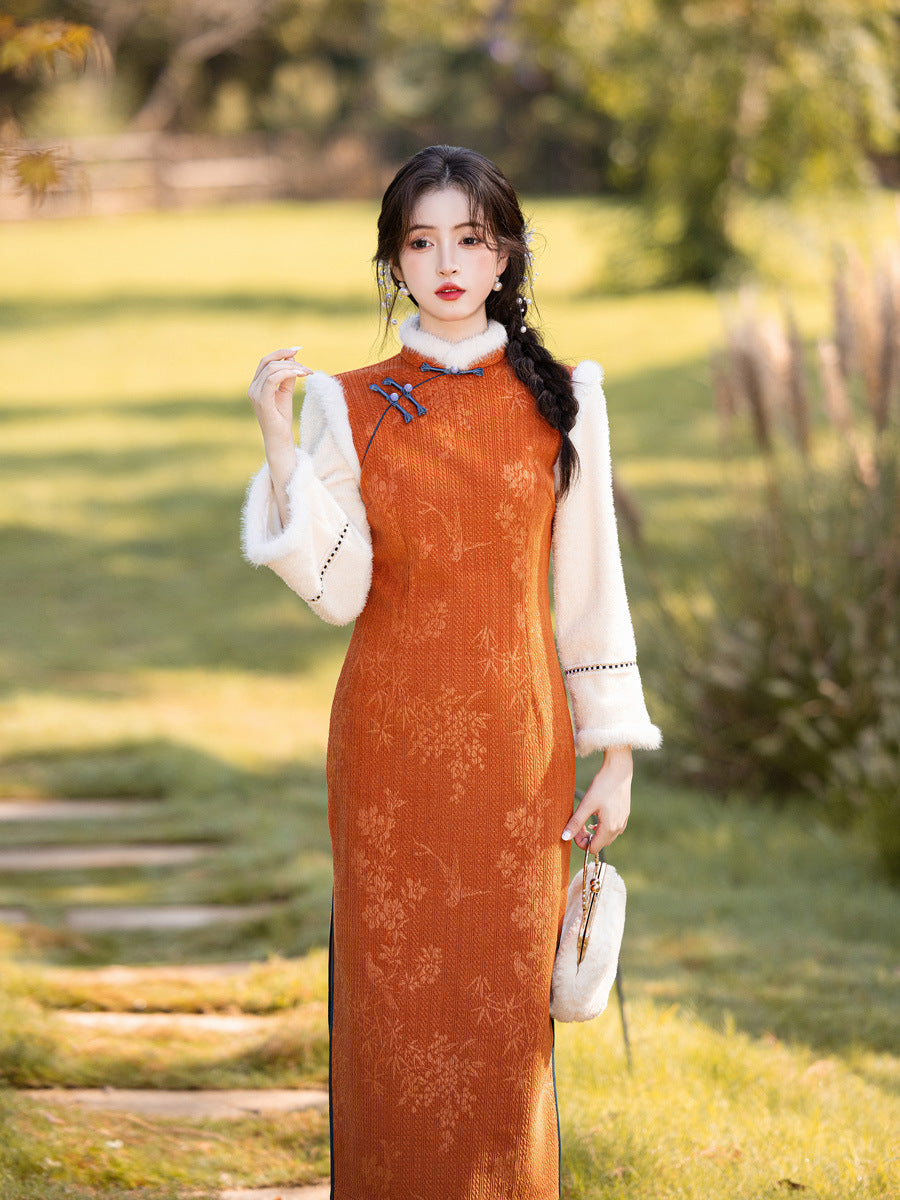 2025 Winter Chenille Fleece Long Cheongsam Patchwork New Chinese Style