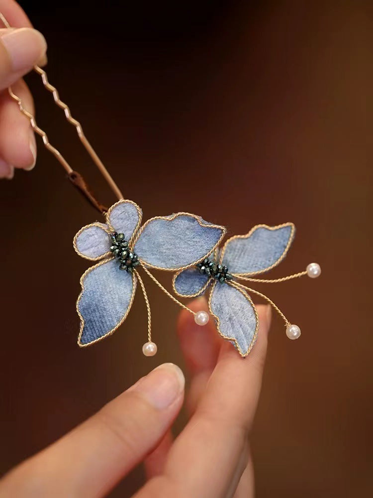 Light Luxury Blue Butterfly Hairpin Women Retro Chinese Style Updo Hairpin