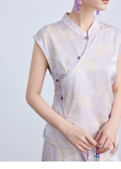 High-End Waist-Cinching Jacquard Top with Asymmetrical Collar