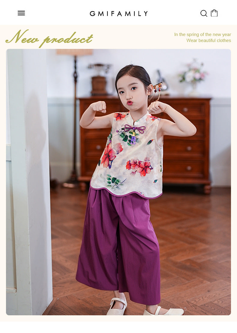Retro Republic Style Girls Two-Piece — Improved Shirt & Pants Set