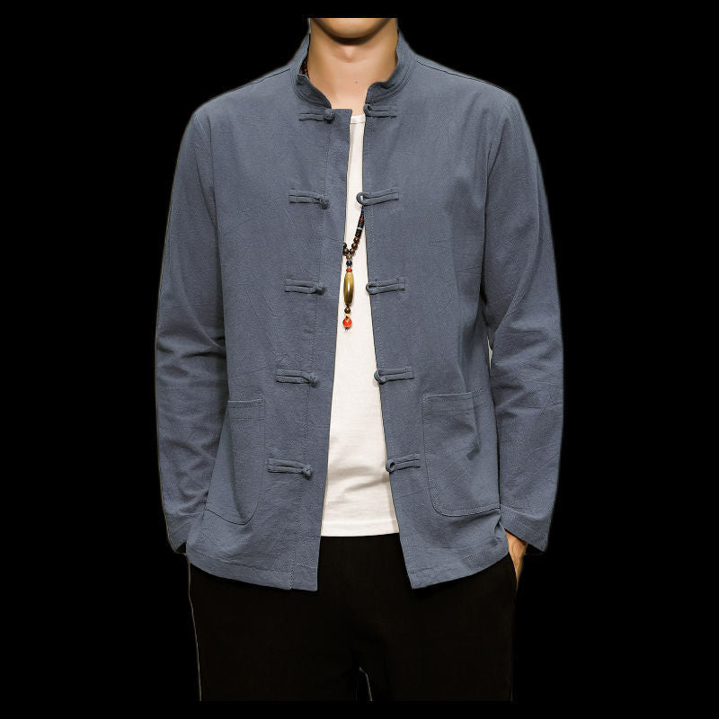 Men’s Chinese Style Cotton Linen Tang Shirt Long Sleeve Casual Retro