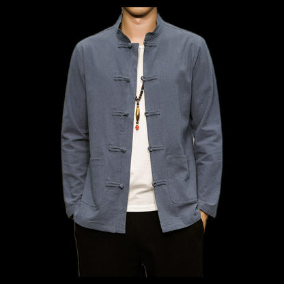 Men’s Chinese Style Cotton Linen Tang Shirt Long Sleeve Casual Retro