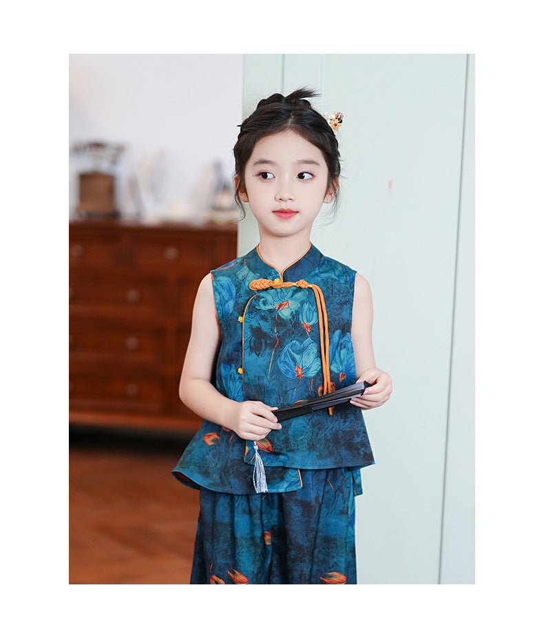 Children’s Summer Hanfu — Floral Top & Comfortable Wide-Leg Pants