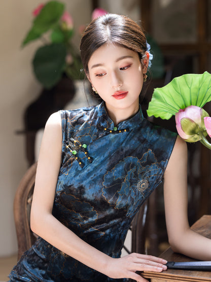 Modified Slim Fit Qipao – Elegant Vintage Blue Chinese Dress