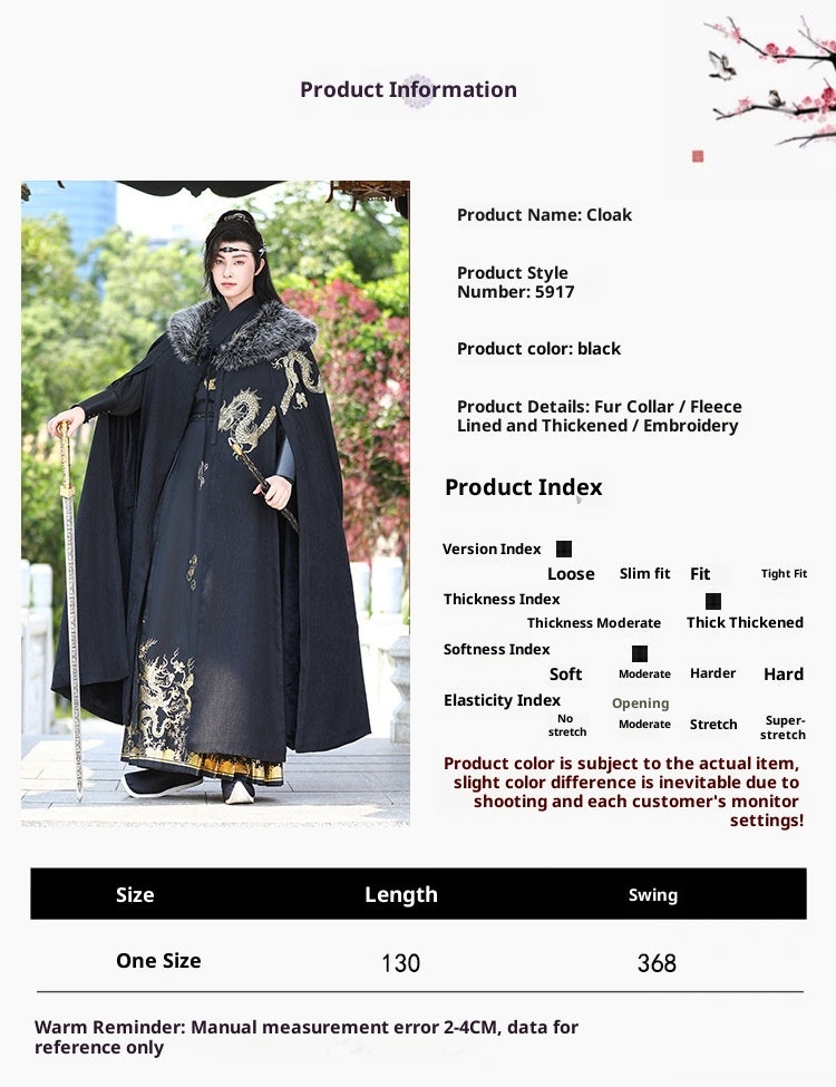 Men's Fleece-Lined Fur Collar Cloak New Chinese Style Winter Hanfu