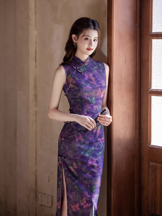 Purple Chinese Style Qipao – Butterfly Elegant Daily Dress