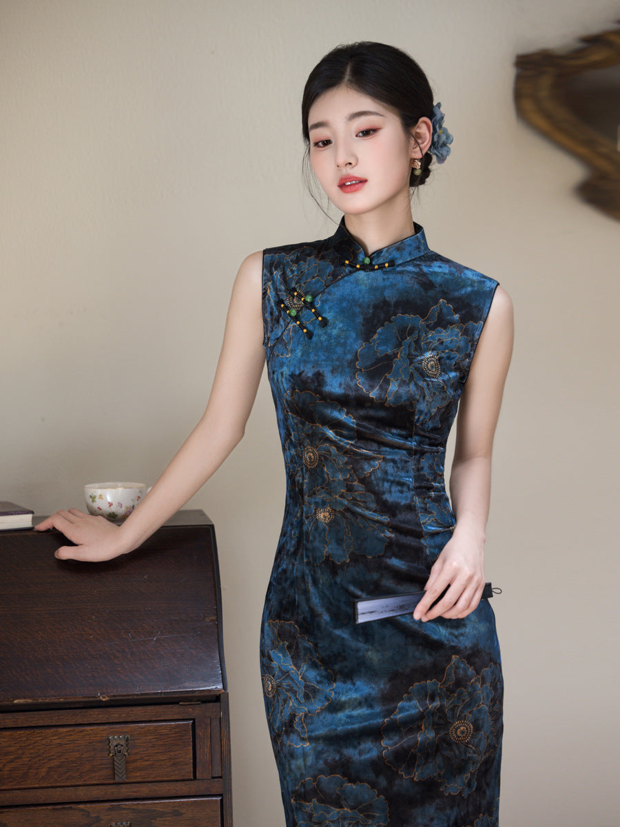 Modified Slim Fit Qipao – Elegant Vintage Blue Chinese Dress