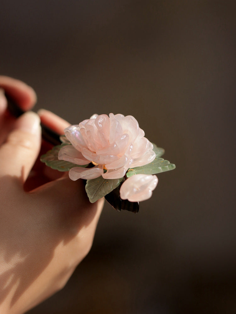 Hanfu Cheongsam Hairpin Pink Peony Forest Style Sweet Hair Accessory