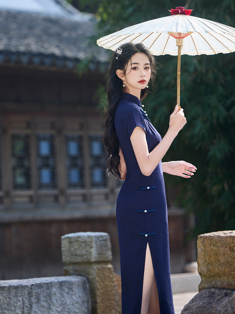 Striped Cotton Linen Cheongsam – 2025 Vintage Artistic Dress