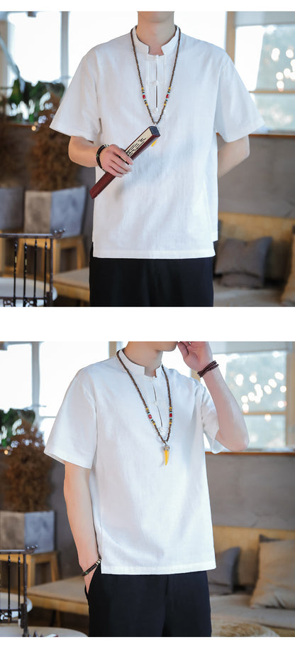 Chinese Style Mens Cotton Linen Tang Suit Short Sleeve Casual T Shirt