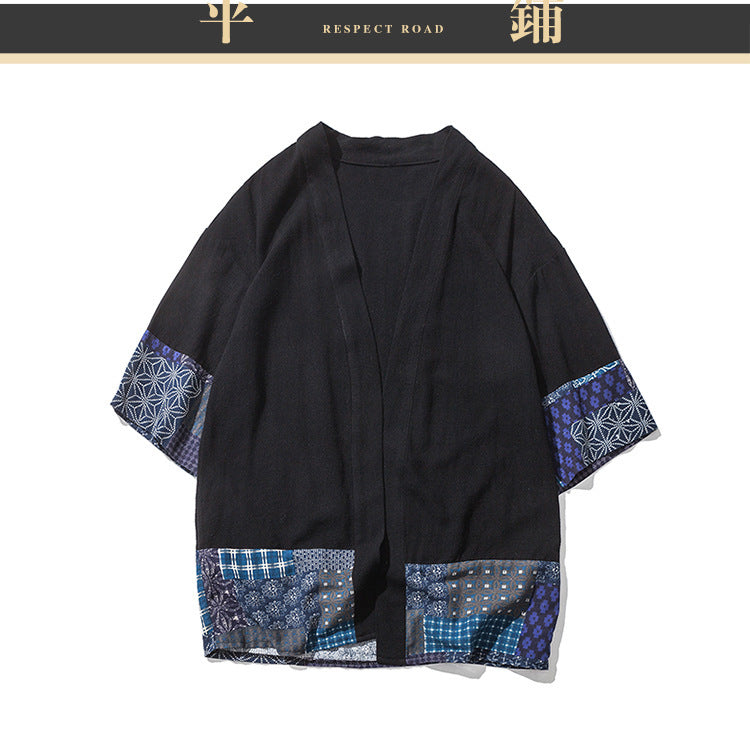 Summer Chinese Hanfu Cardigan Men’s Cotton Linen Patchwork Robe
