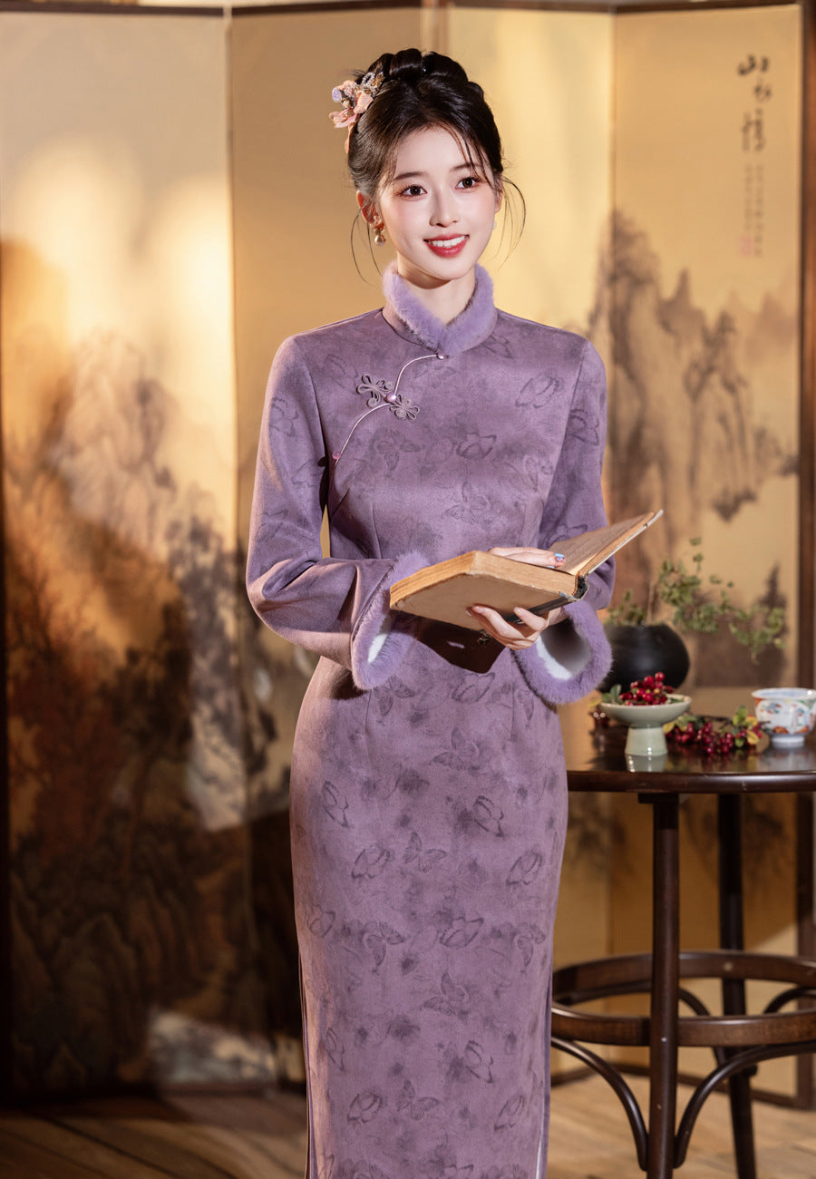 2025 New Chinese Cheongsam – Youthful Elegant Purple Winter Dress
