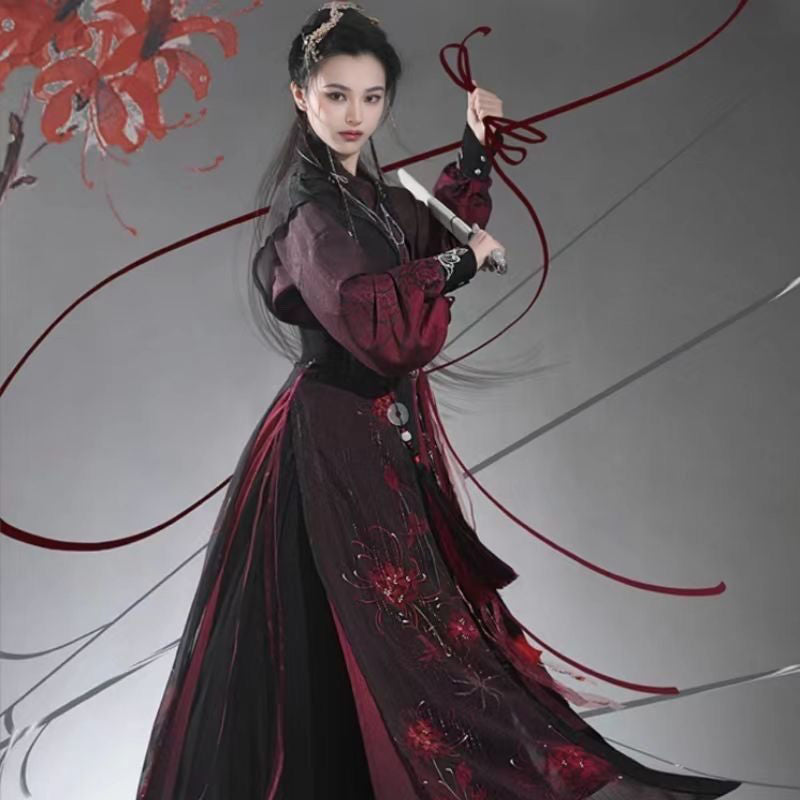 Men's and Women's Song Dynasty Hanfu Set Black Red Cross Collar Outfit