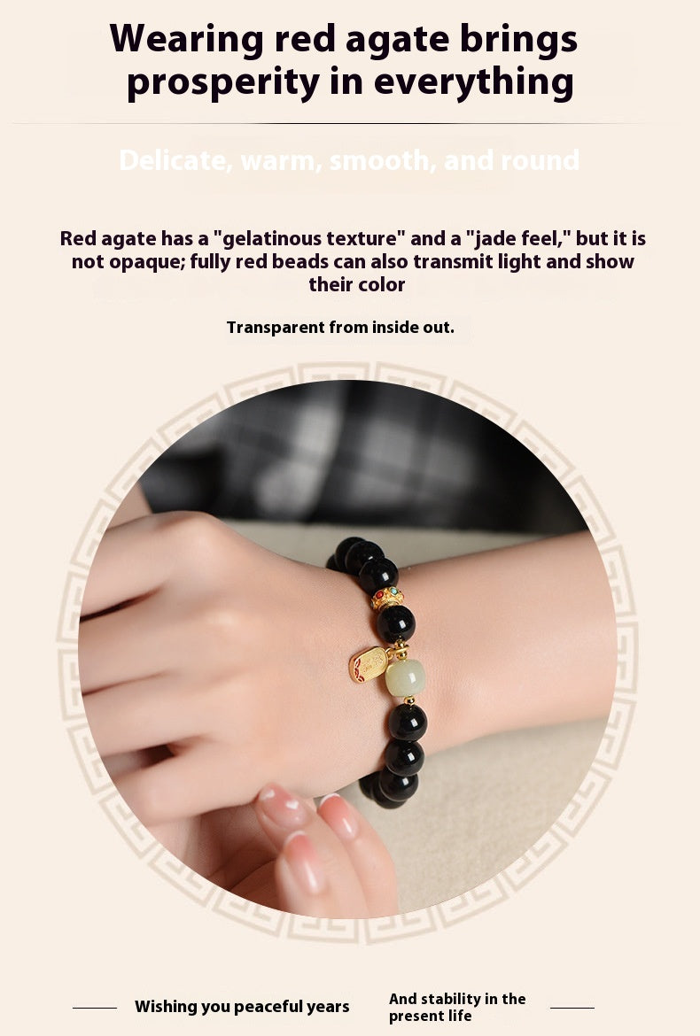 Natural Red Agate & Obsidian Bracelet — Lucky Protection Charm for Zodiac Year