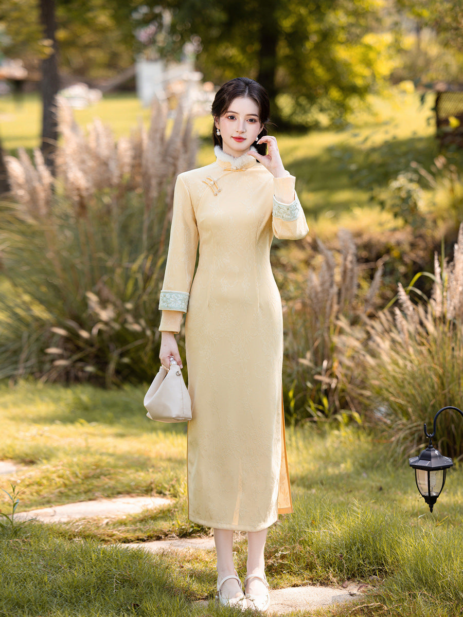 Yellow Fleece-Lined Long Sleeve Qipao | Winter New Chinese Style 2025