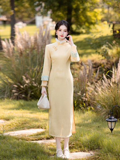Yellow Fleece-Lined Long Sleeve Qipao | Winter New Chinese Style 2025