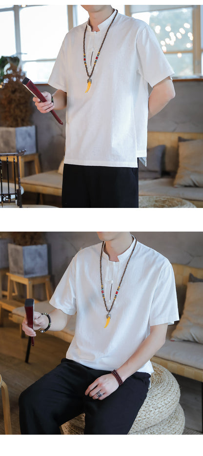 Chinese Style Mens Cotton Linen Tang Suit Short Sleeve Casual T Shirt