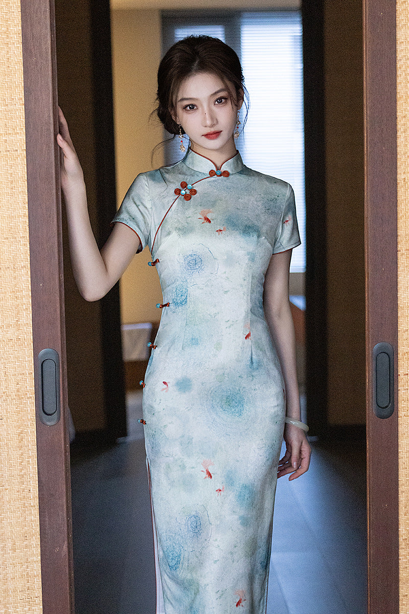 Elegant Blue Cheongsam – Daily Wear 2025 Spring Dress