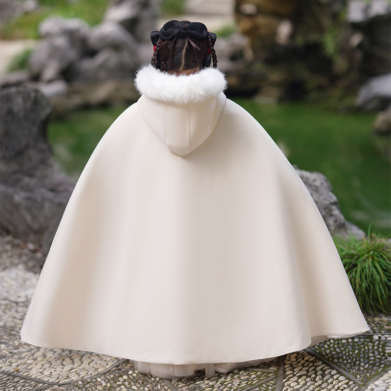 Girls' Winter Hanfu Cloak with Fur Collar Hooded Fairy Cape