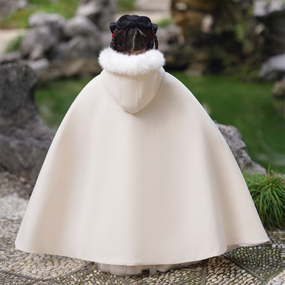 Girls' Winter Hanfu Cloak with Fur Collar Hooded Fairy Cape