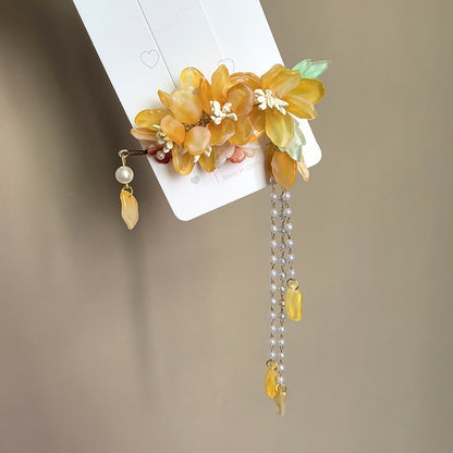 Orchid tassel headdress with side clips and new Chinese flower hairpins