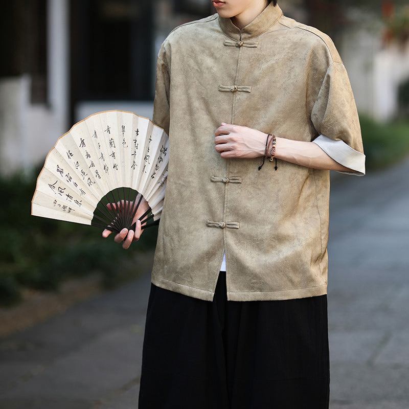 Summer Chinese Tang Suit Shirt Mens Stand Collar Short Sleeve Hanfu