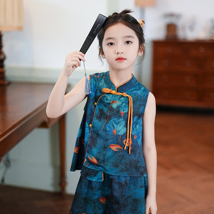 Children’s Summer Hanfu — Floral Top & Comfortable Wide-Leg Pants
