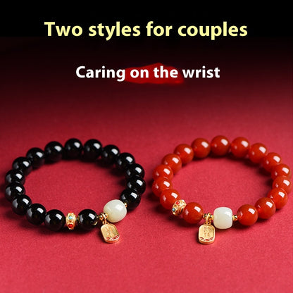 Natural Red Agate & Obsidian Bracelet — Lucky Protection Charm for Zodiac Year