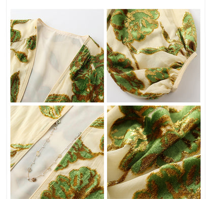 Velvet Burnout Jacket & Printed Cardigan Dress Set for Autumn