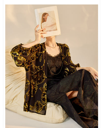 Velvet Burnout Jacket & Printed Cardigan Dress Set for Autumn