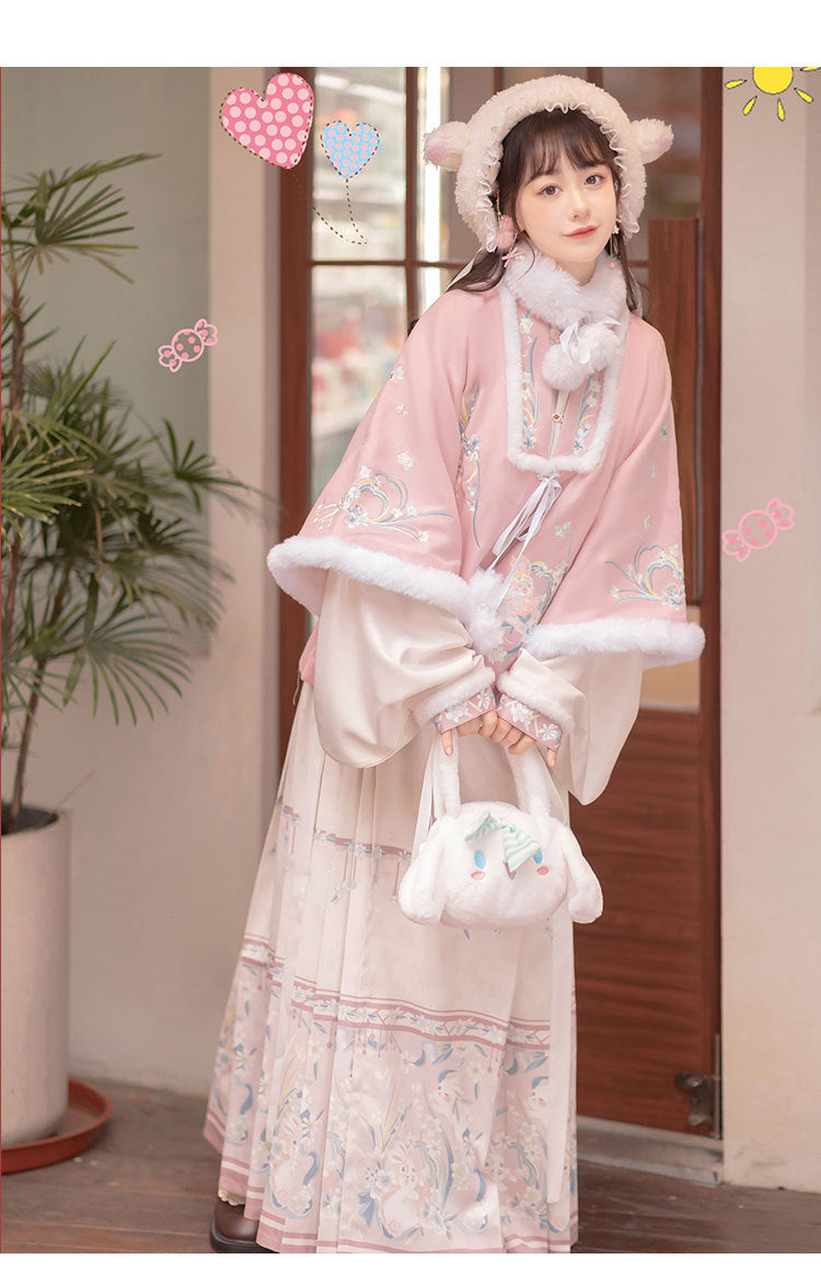 Trees of Sea Women Ming Hanfu Set: Fleece Lined Embroidered Collared Jacket & Horse Face Skirt New Year Outfit