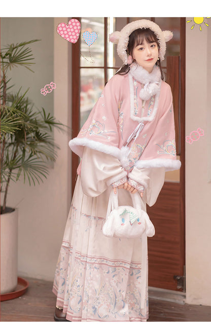 Trees of Sea Women Ming Hanfu Set: Fleece Lined Embroidered Collared Jacket & Horse Face Skirt New Year Outfit