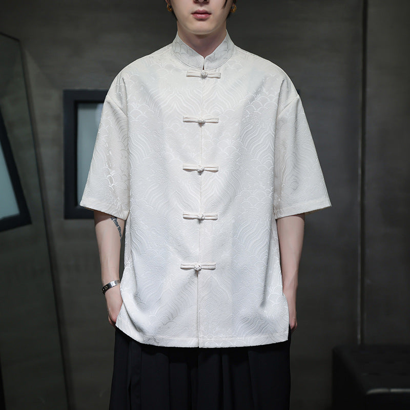 New Chinese Style Tang Shirt — Men’s Short-Sleeve Retro Button-Up Top