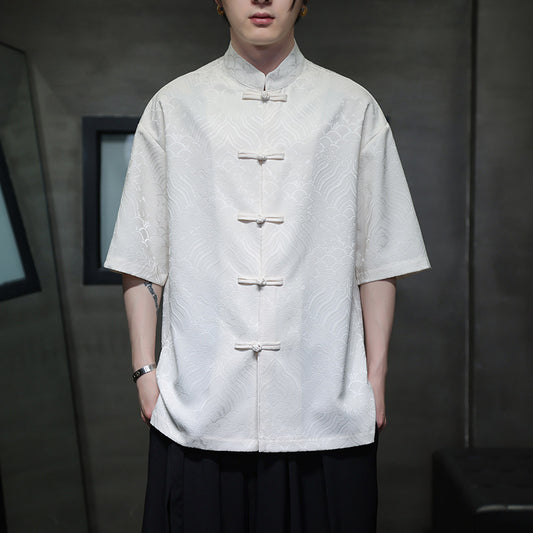 New Chinese Style Tang Shirt — Men’s Short-Sleeve Retro Button-Up Top