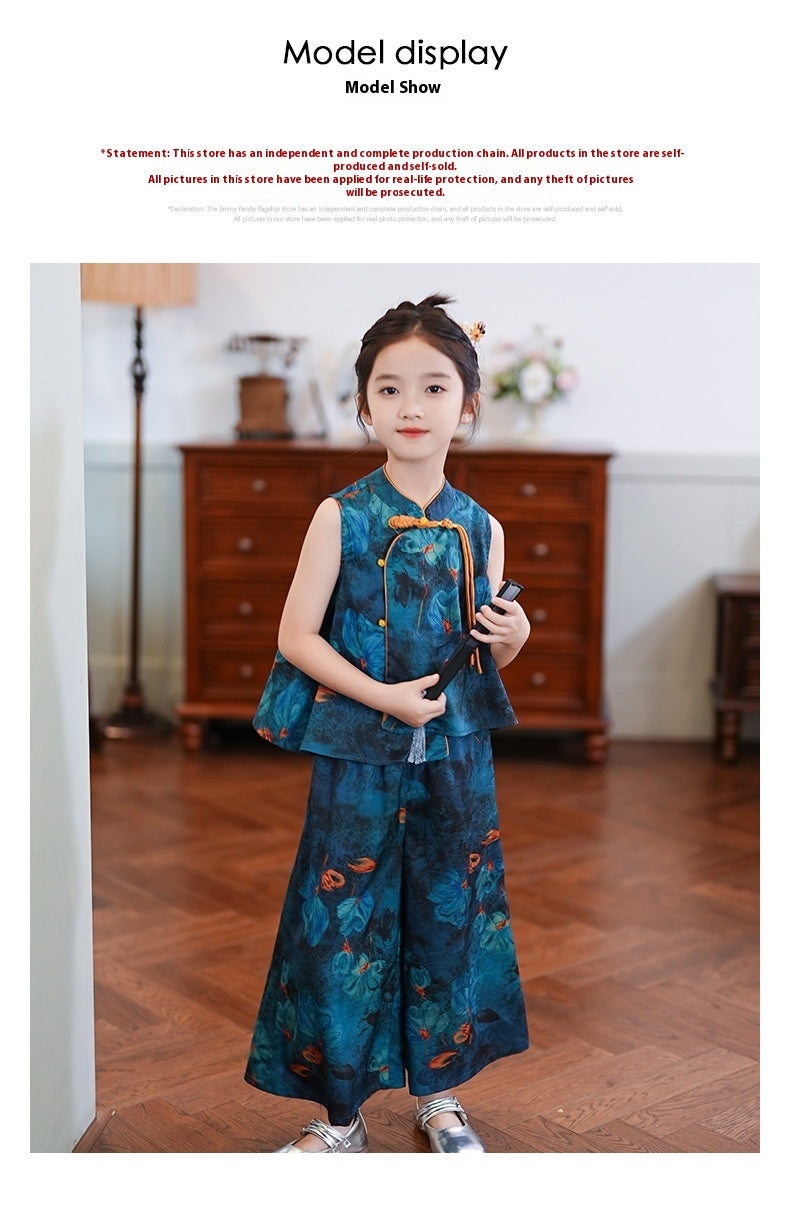 Children’s Summer Hanfu — Floral Top & Comfortable Wide-Leg Pants