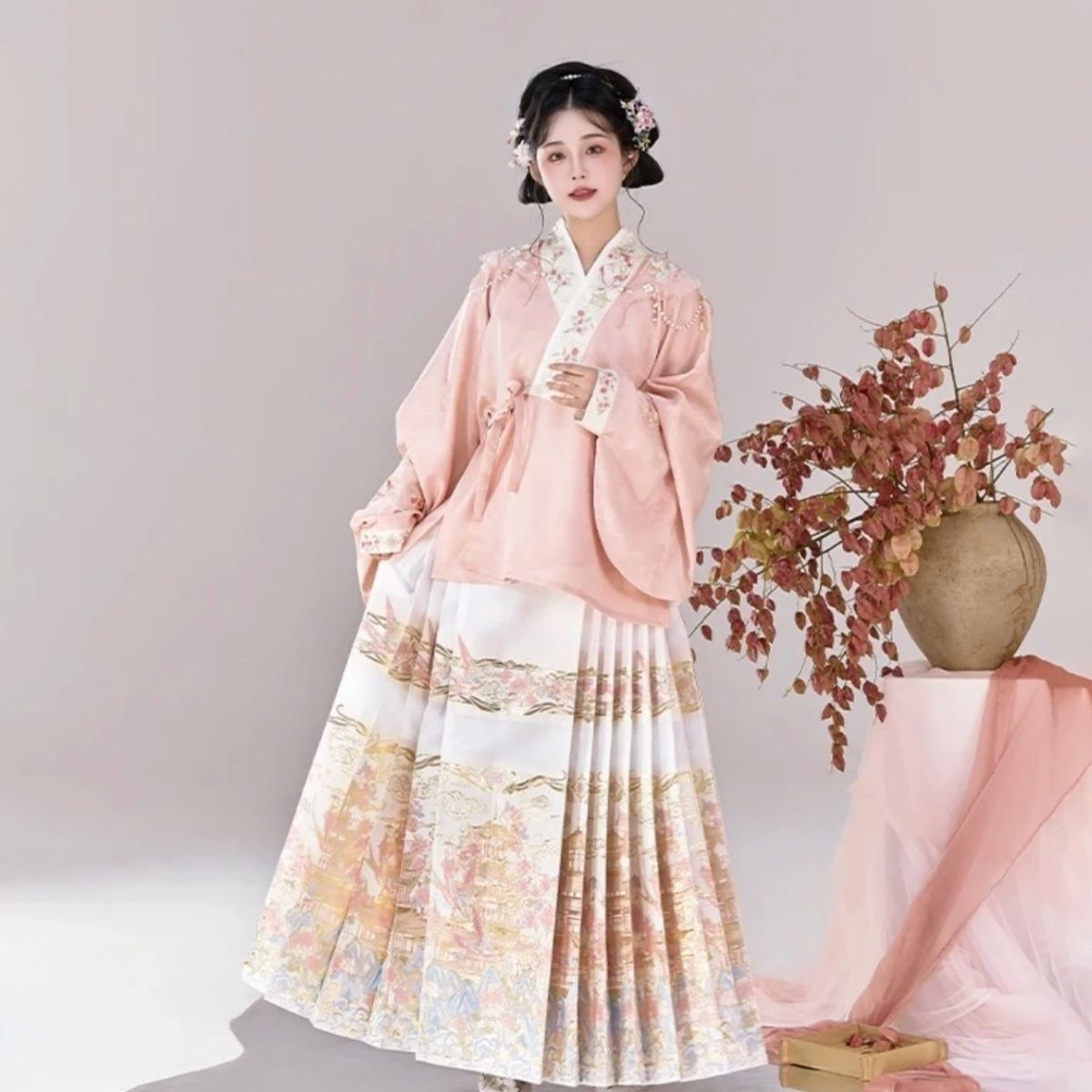 Han-Yang Mixed Hanfu Set 2025 New Ming Style Pipa Sleeve Brocade Horse Face Skirt
