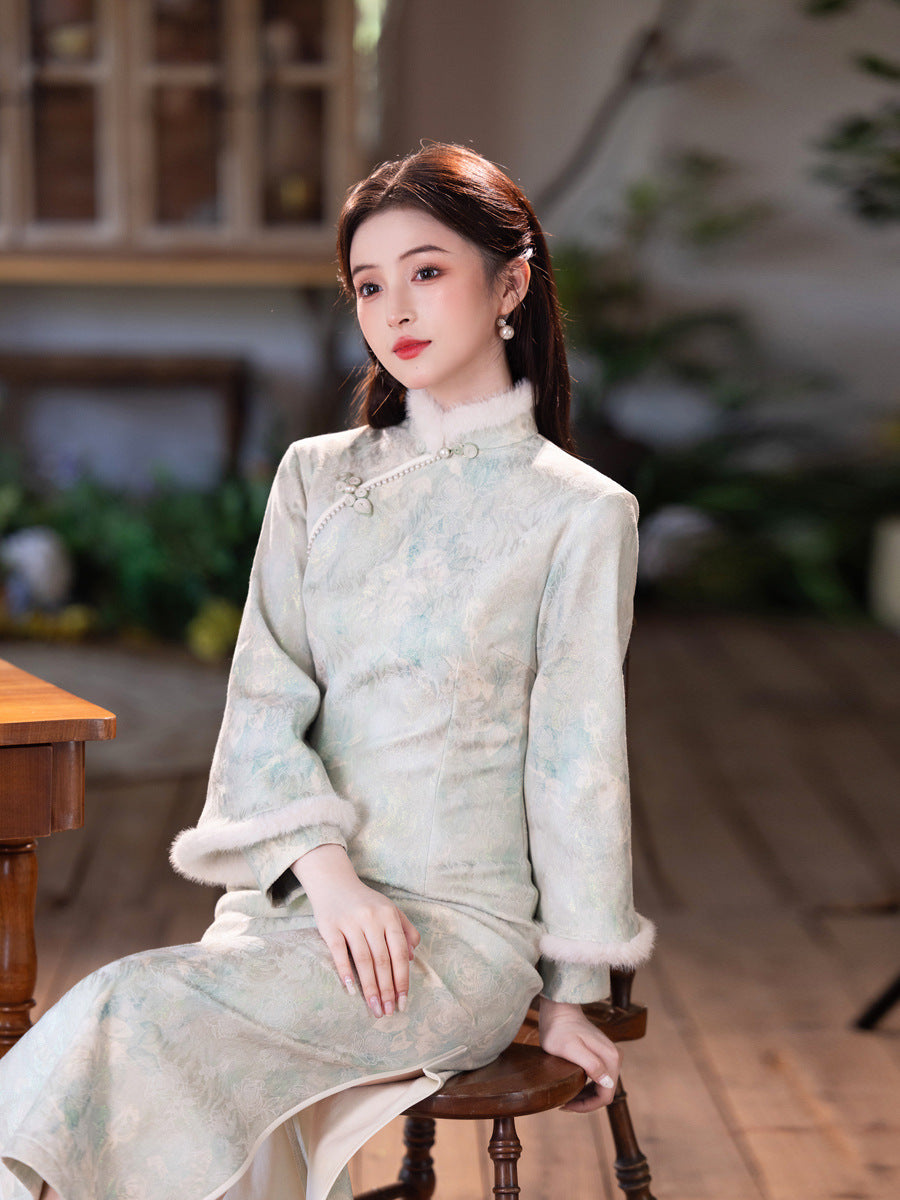 Elegant Satin Beaded Winter Qipao | Fleece-Lined Thickened Long Dress