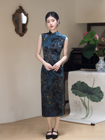 Modified Slim Fit Qipao – Elegant Vintage Blue Chinese Dress