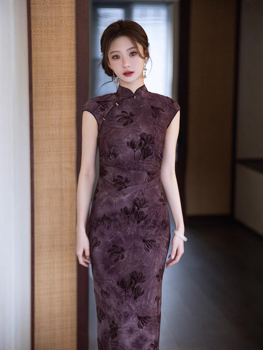 Elegant Purple Cheongsam – 2025 Slim Fit Retro Dress