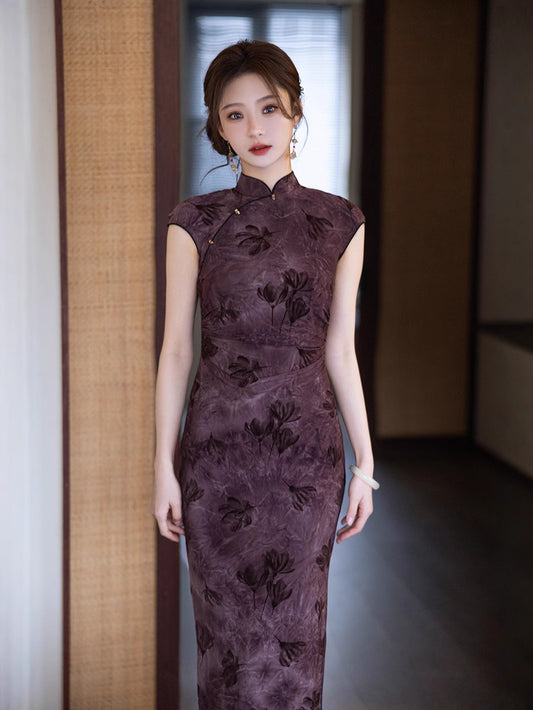 Elegant Purple Cheongsam – 2025 Slim Fit Retro Dress