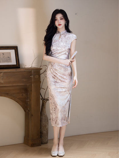 Improved Chinese Style Qipao – Everyday Wear Pink Velvet Dress