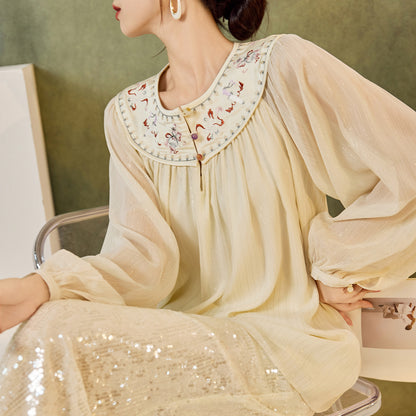 New Chinese Style Embroidered Mesh Shirt | Autumn Light Luxury Elegant Top