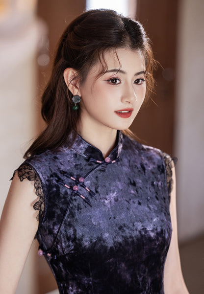 Purple Sleeveless Cheongsam – Old Shanghai Retro 2025 Autumn Dress