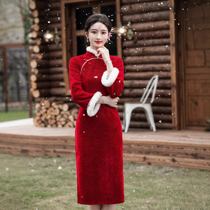 2025 New Improved Qipao – Warm Red High-End Autumn Winter Style